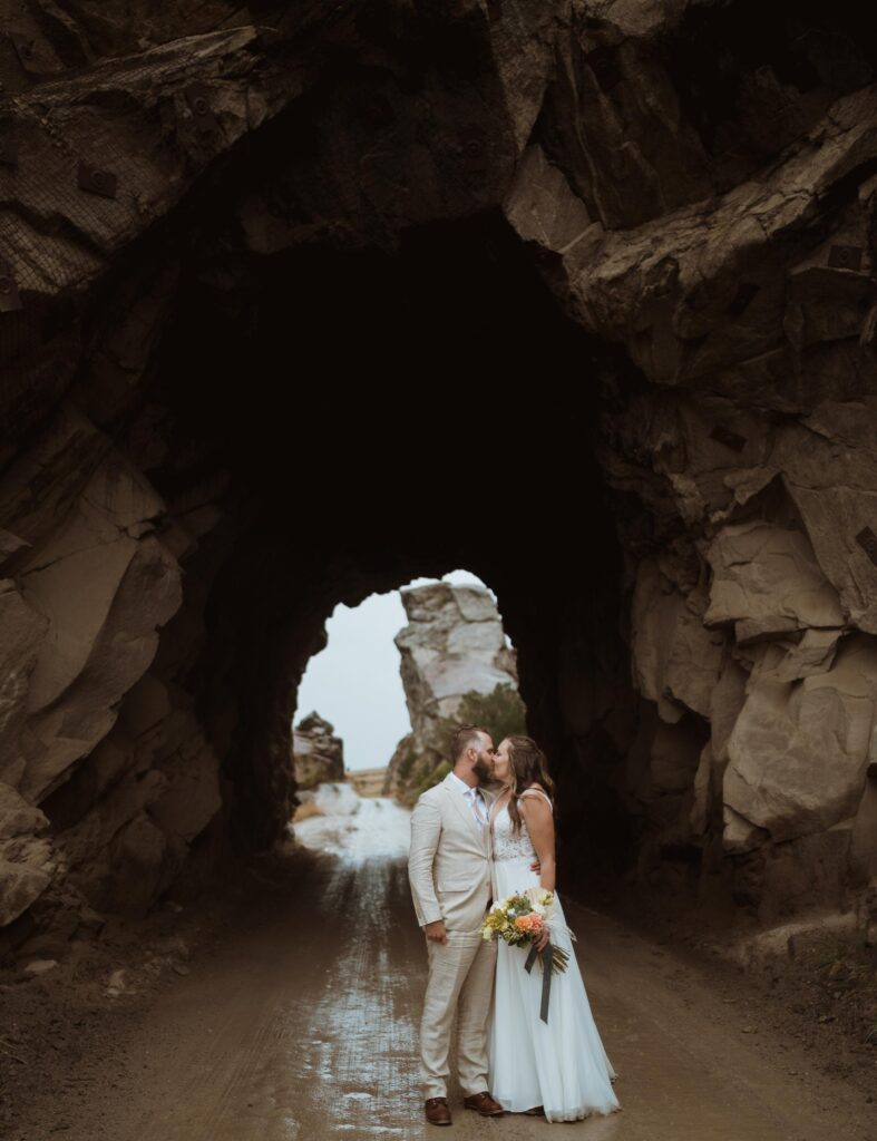 First look in the Buena Vista rock tunnels before their hike. The beginning of their elopement day in September.