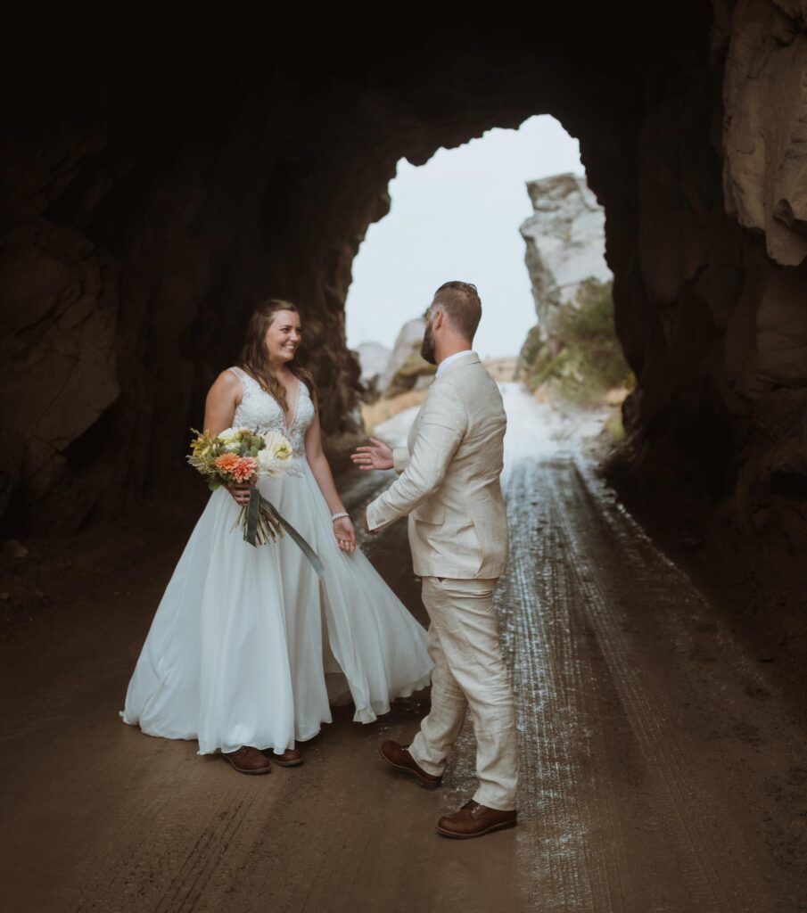 First look in the Buena Vista rock tunnels before their hike. The beginning of their elopement day in September.