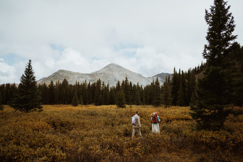 Couple is hiking through the Colorado mountains. There is yellow foliage around them and the bride is leading the way. She has a pink hiking backpack and a bright blue raincoat. There are big mountains that are grey with pine trees around it. 