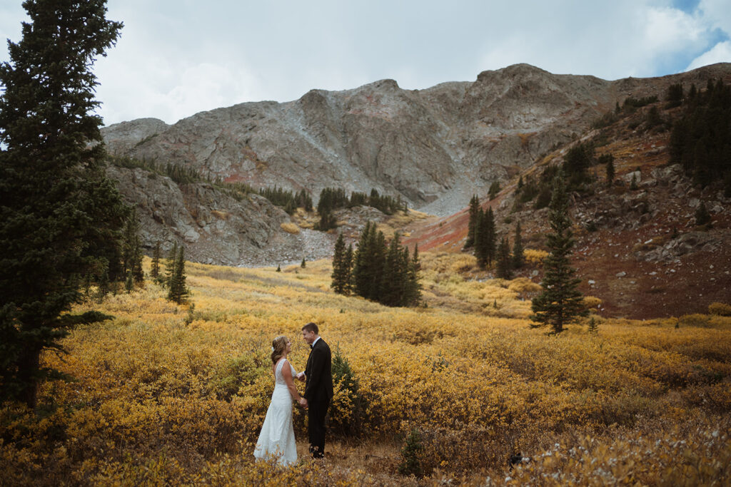 The bride and groom are holding hands and they are standing in an open field with mountains in the background. It is fall so they are having a colorado elopement in bright yellow and orange foliage. There are pine trees in the background.